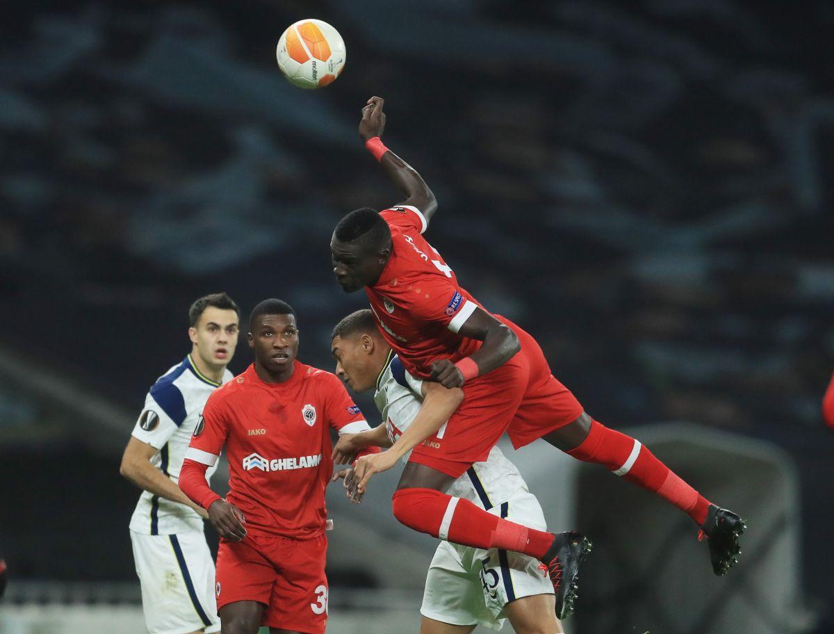 Royal Antwerp's Abdoulaye Seck in action with Tottenham Hotspur's Carlos Vinicius during their  Europa League - Group J match at Tottenham Hotspur Stadium, London, on Thursday