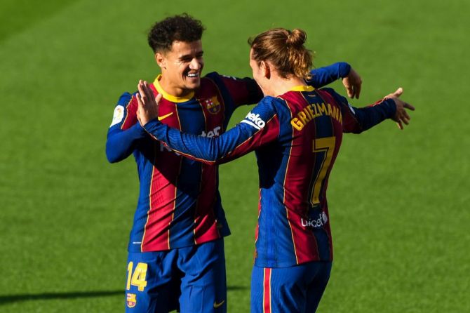 Antoine Griezmann and Philippe Coutinho celebrate. Barca squandered the massive transfer fee they received for Neymar on ill-fated signings such as Philippe Coutinho for 160 million euros, Antoine Griezmann for 120 million and Ousmane Dembele for 105 million.