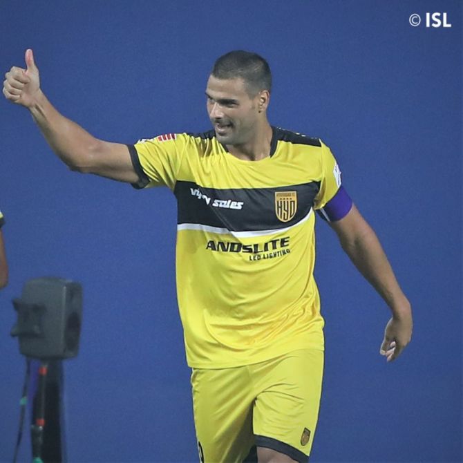 Hyderabad FC Aridane Santana netted twice in the 2nd half against SC East Bengal during their ISL match in Vasco on Tuesday.