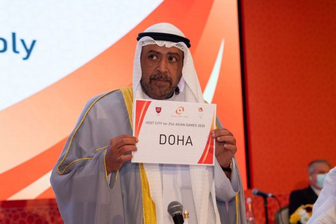 OCA President Sheikh Ahmad Al Fahad Al Sabah announces Doha as the country which won hosting rights for the 2030 Asian Games.