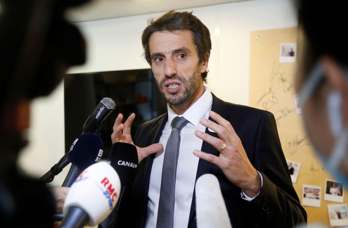 Paris 2024 Games chief Tony Estanguet talks to the media after a news conference on Olympics preparations in Paris on Thursday