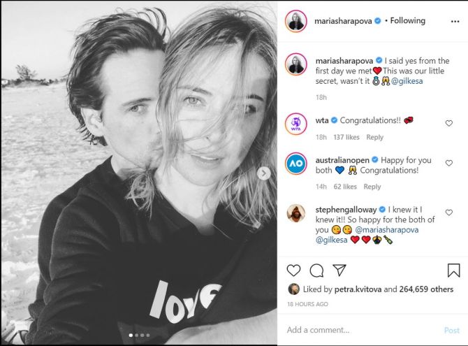 Maria Sharapova announced her engagement on Instagram