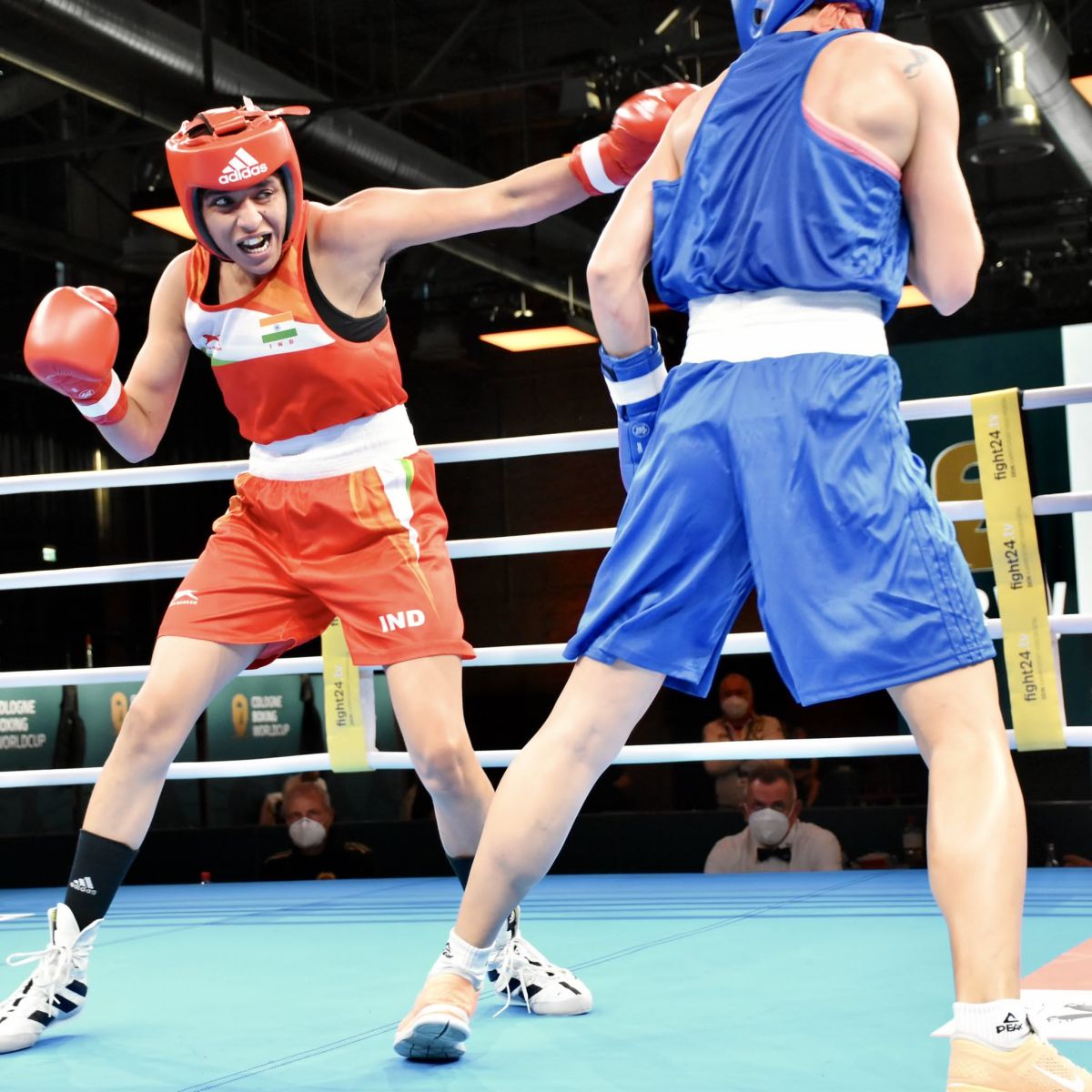 India's Simranjeet in action against Ukraine’s Marianna Basanets in their semifinal bout in the 60kg category at the Cologne Boxing World Cup 2020 on Friday