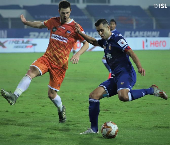 Action from the ISL match played between FC Goa and Chennaiyin FC at Fatorda Stadium in Margao on Saturday