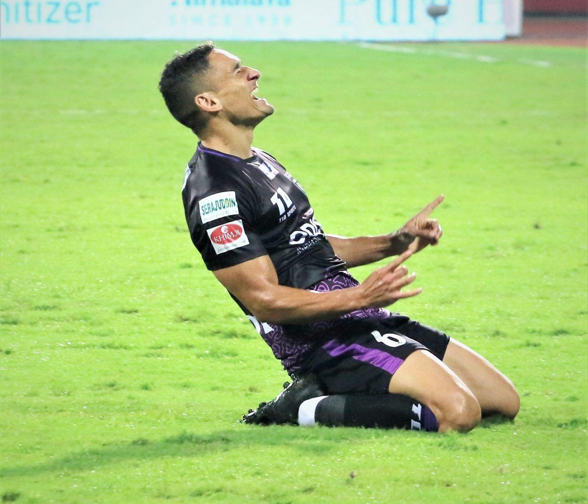 Odisha FC's Cole Alexander celebrates on netting the equaliser against North East United FC during their ISL match at Bambolim on Tuesday