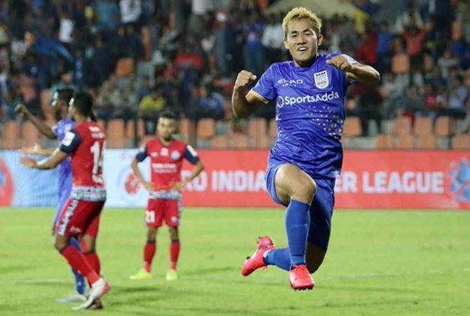 Mumbai FC Bidyananda Singh celebrates scoring in added time against Jamshedpur FC in the Indian Super League match in Mumbai on Thursday.