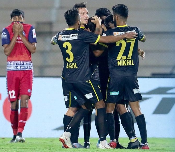 Hyderabad FC players celebrate after scoring in Thursday's ISL match against Jamshedpur FC