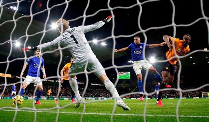 Willy Boly scores for Wolverhampton Wanderers during Friday’s Premier League match against Leicester City, but his goal was disallowed by VAR for off-side