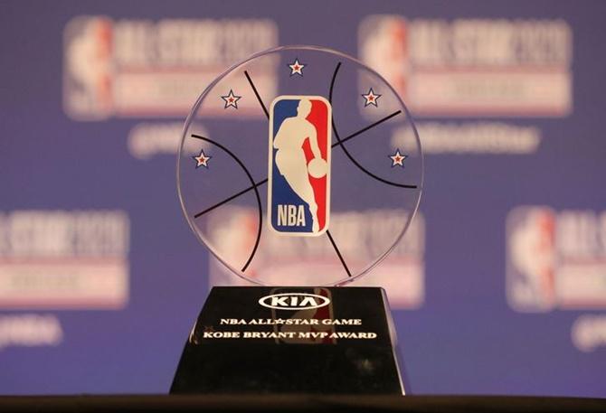 NBA commissioner Adam Silver unveils the Kobe Bryant MVP Award at a press conference during NBA All-Star Saturday Night at United Center.