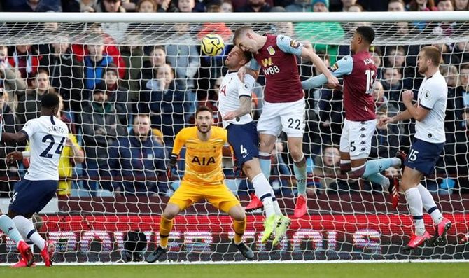 Bjorn Engels scores Aston Villa's second goal.
