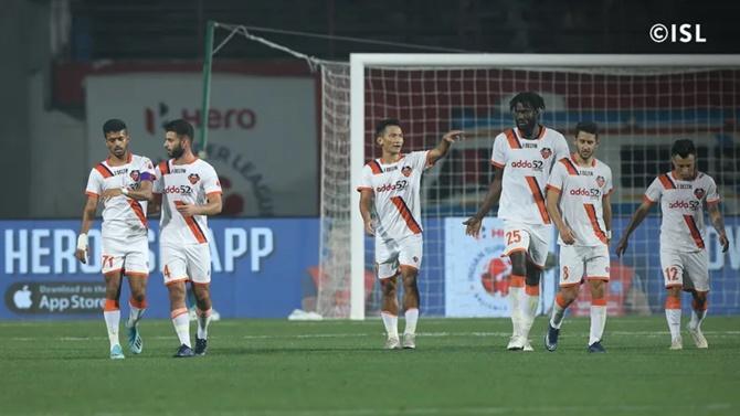 FC Goa players celebrate after scoring against Jamshedpur FC.