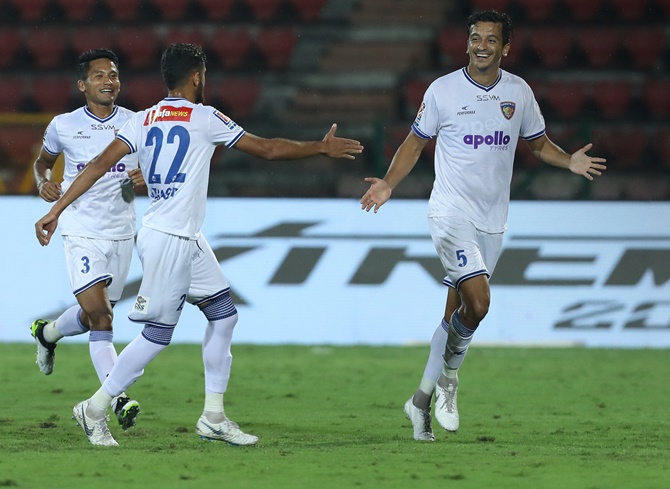 Masih Saighani celebrates after putting Chennaiyin FC ahead in Tuesday’s ISL match against NorthEast United in Guwahati