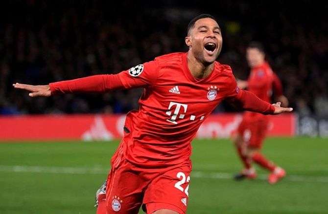 Serge Gnabry celebrates scoring Bayern Munich's second goal against Chelsea in the Champions League Round of 16 first leg at Stamford Bridge, London, on Tuesday.