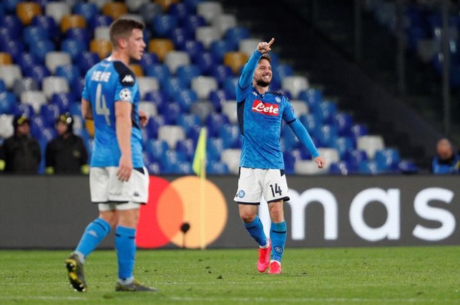 Dries Mertens celebrates putting Napoli into the lead.