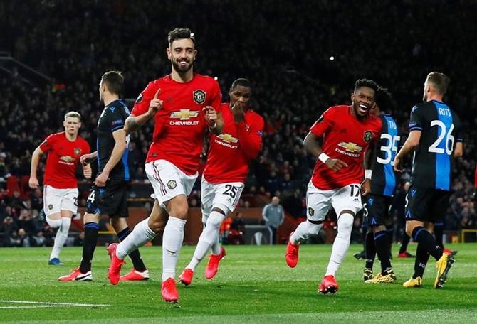 Bruno Fernandes celebrates scoring Manchester United's first goal against Club Brugge