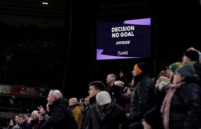 A general view of the VAR screen after a goal is disallowed for off-side. 