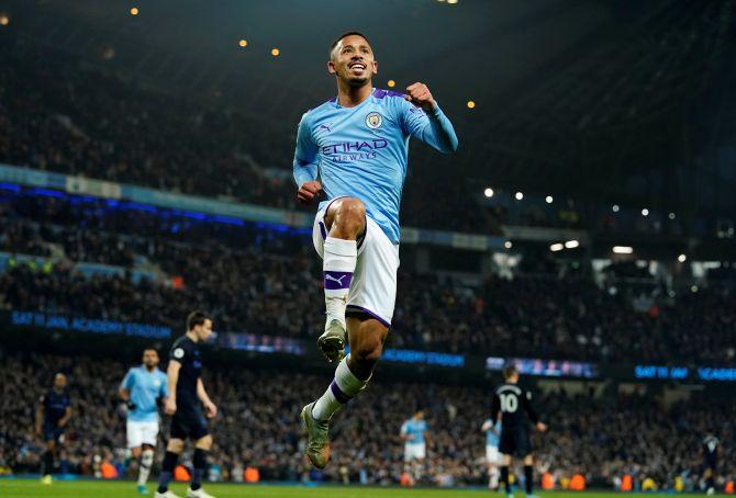 Manchester City's Gabriel Jesus celebrates scoring their second goal against Everton at the Etihad Stadium in Manchester