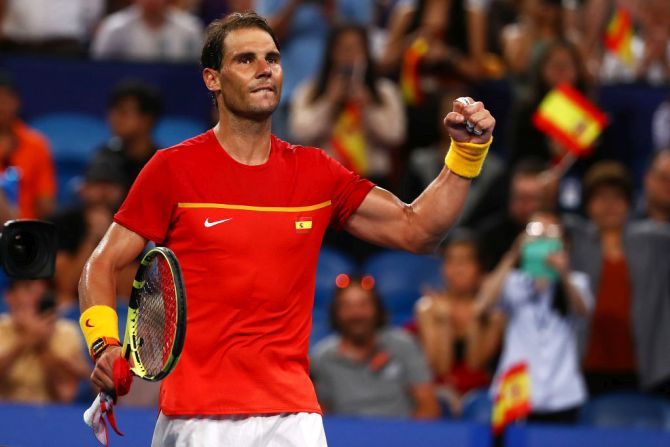 Rafael Nadal celebrates after sealing the tie for Spain following his win over Uruguayan Pablo Cuevas during day four of the 2020 ATP Cup Group Stage at RAC Arena in Perth on Monday