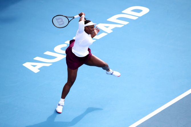USA's Serena Williams in action in her first round match against Italy's Camila Giorgi on day two of the 2020 ASB Classic at ASB Tennis Centre in Auckland, New Zealand, on Tuesday