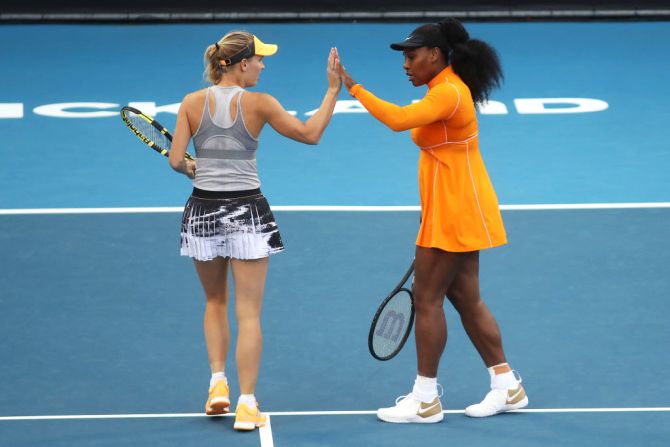 Denmark's Caroline Wozniacki and USA's Serena Williams in action during their doubles match against USA's Caroline Dolehide and Sweden's Johanna Larsson during day three of the 2020 Women's ASB Classic at ASB Tennis Centre in Auckland on Wednesday 