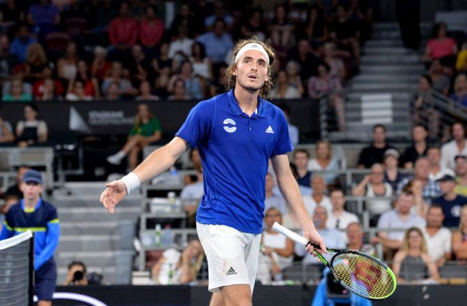 Greece's Stefanos Tsitsipas complains to the umpire in his match against Australia's Nick Kyrgios during day five of the ATP Cup Group Stage at Pat Rafter Arena in Brisbane on Tuesday