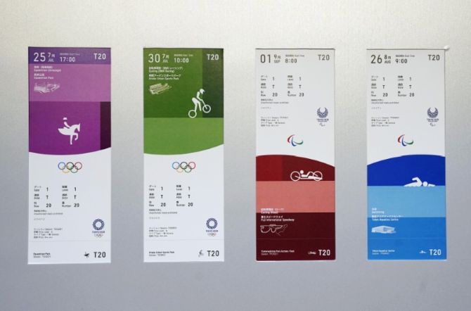 The ticket designs for the 2020 Tokyo Olympics and Paralympics are seen displayed for the media for a photo opportunity in Tokyo, Japan, on Wednesday
