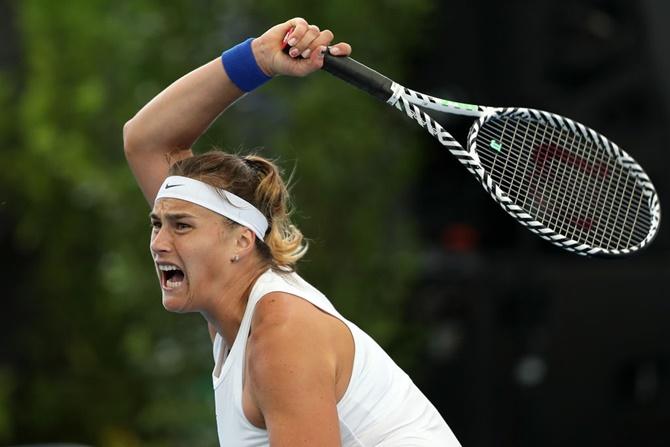 Aryna Sabalenka of Belarus plays a forehand to Simona Halep of Romania on Thursday, Day 5 of the Adelaide International. 