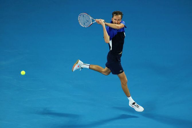 Russia's Daniil Medvedev plays a backhand during his first round match against United States' Frances Tiafoe