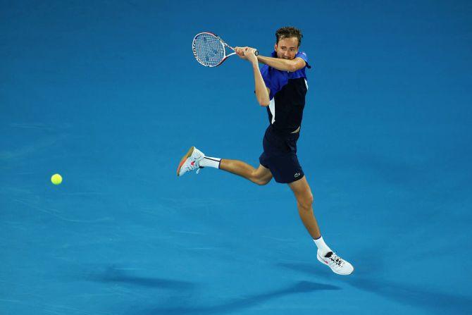 Russia's Daniil Medvedev plays a backhand during his first round match against United States' Frances Tiafoe