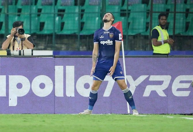 Nerijust Valskis celebrates scoring Chennaiyin FC's fourth goal against Jamshedpur in the Indian Super League match in Chennai on Thursday. 
