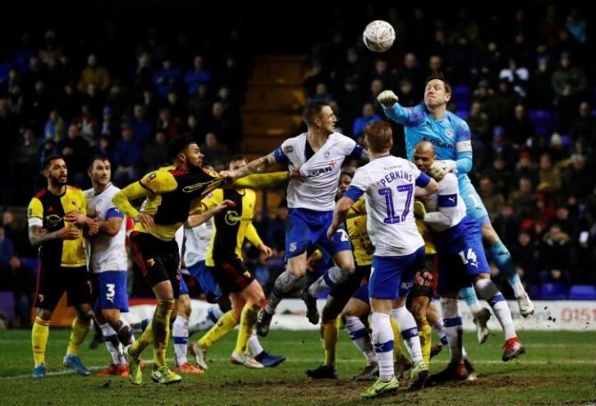 Tranmere Rovers' Scott Davies in action during a goal-mouth melee in the FA Cup Third round replay against Watford at Prenton Park, Birkenhead, Britain on Thursday 