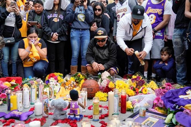 Mourners gather in Microsoft Square near the Staples Center to pay respects to Kobe Bryant.