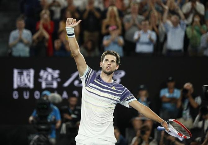 Austria's Dominic Thiem celebrates after beating Spain's Rafael Nadal in the quarter-finals of the Australian Open, in Melbourne, on Wednesday.