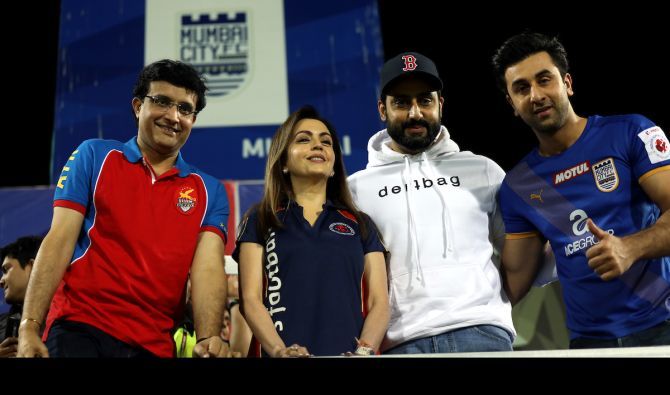 (from left to right): ATK co-owner Sourav Ganguly, ISL chairperson Nita Ambani, Chennaiyin FC co-owner Abhishek Bachchan and Mumbai City FC co-owner Ranbir Kapoor. Photograph: ISL  The Ambanis' influence is resented by some club owners in India's traditional football league, the I-League, who say the Super League is sucking attention and investment from the rest of the game and stunting its long-term development.