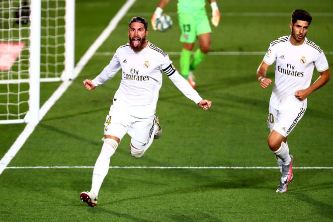 Real Madrid's Sergio Ramos celebrates scoring against Getafe during their La Liga match at Alfredo Di Stefano Stadium, Madrid, on Wednesday 