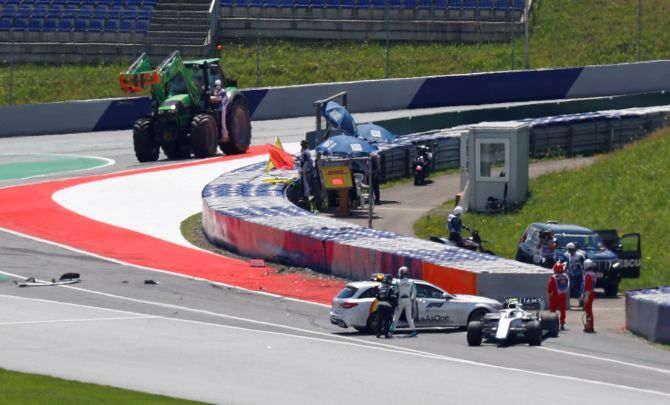 Williams' Nicholas Latifi after a crash during practice the Austrian Grand Prix at Red Bull Ring in Spielberg, Styria, Austria 