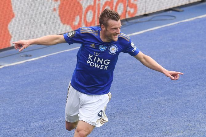 Leicester City's Jamie Vardy celebrates after scoring against Crystal Palace during their match at King Power Stadium, Leicester
