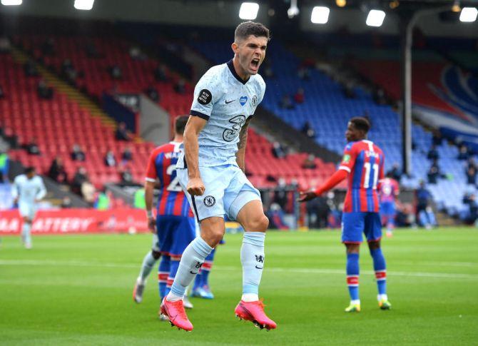 Chelsea's Christian Pulisic celebrates after scoring the second goal against Crystal Palace during their English Premier League match at Selhurst Park in London on Tuesday. 