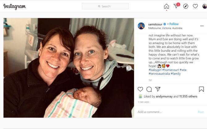 Sam Stosur (right) with her partner Liz and their newborn Genevieve 