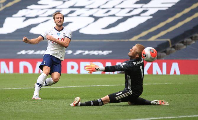 Tottenham Hotspur's Harry Kane scores a goal which is later disallowed against Leicester City