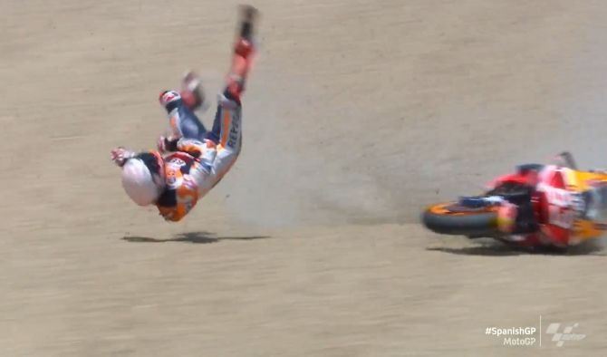 A video grab of Marc Marquez crashing on Turn 4 
