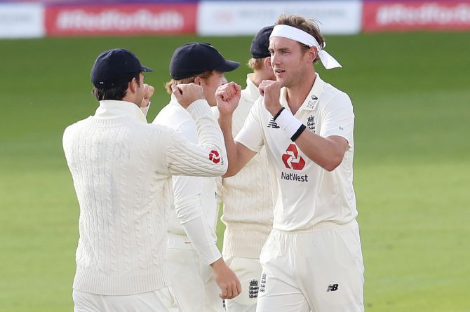 Stuart Broad took the first two wickets of West Indies’ second innings in the gloom on Sunday night to leave them reeling at 10-2 as they chase an improbable target of 399.