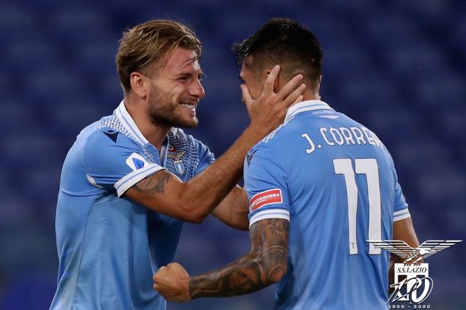 Lazio's Ciro Immobile and Joaquín Correa celebrate a goal against Brescia 