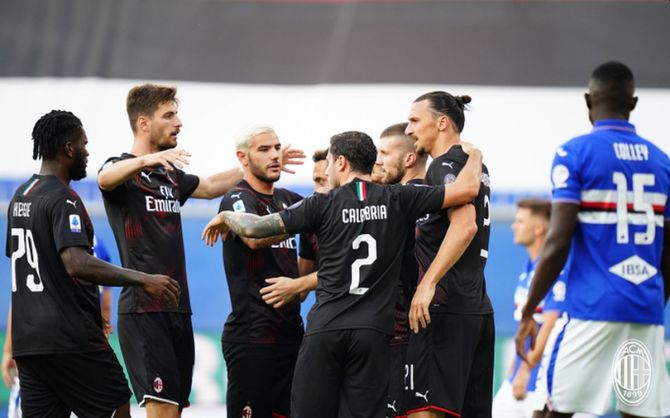 AC Milan's Zlatan Ibrahimovic celebrates after scoring against Sampdoria