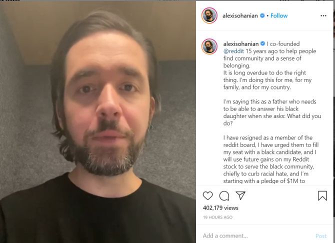 Alexis Ohanian's message on Instagram