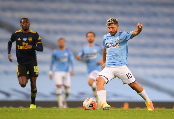 Manchester City's Sergio Aguero in action during the match against Arsenal 