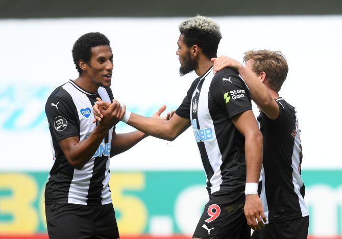 Newcastle United's Joelinton celebrates scoring their third goal against Sheffield United during their Premier League match at St James' Park at Newcastle on Sunday 