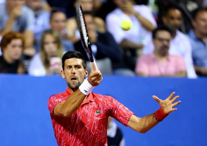 Serbia's Novak Djokovic in action during his match against Croatia's Borna Coric during the exhibition match Adria Tour in Zadar, Croatia on Saturday