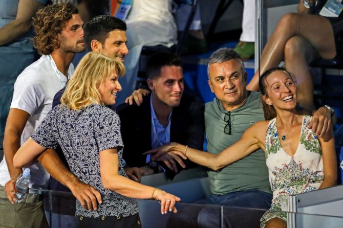 The Djokovic family: (Left to Right) Novak's mother Dijana, Novak Djokovic, Novak's brothers Marko and Djordje, Novak's father Srdjan and Novak's wife Jelena pose during the Adria Tour Final match between Dominic Thiem and Filip Krajinovic on June 14 in Belgrade, Serbia