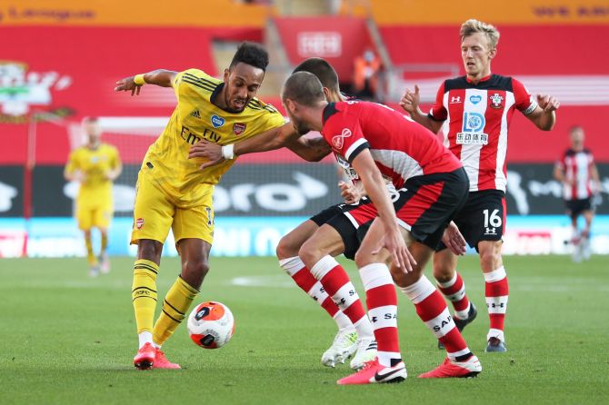 Arsenal's Pierre-Emerick Aubameyang vies for possession during the match against Southampton at St Mary's Stadium, Southampton on Thursday 